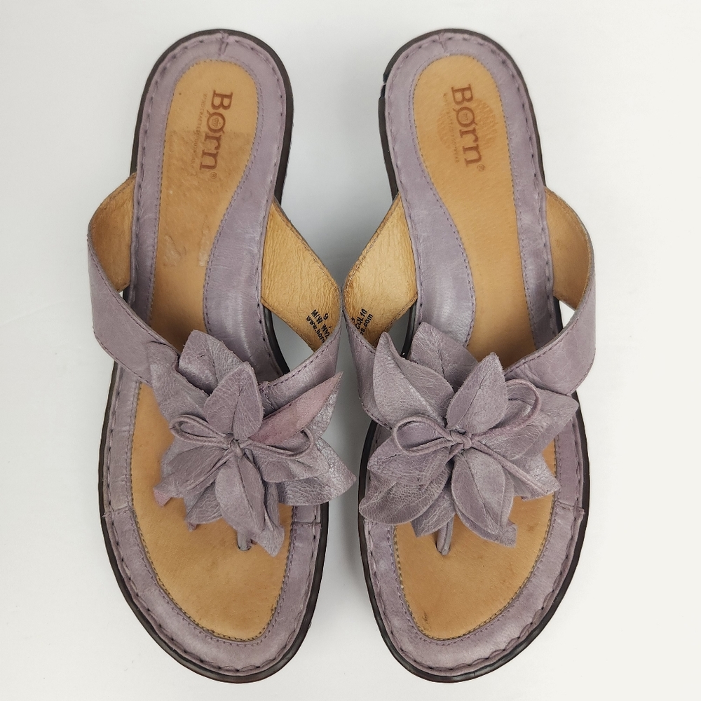 Born Lavander Leather Thong Wedge Slide Sandals